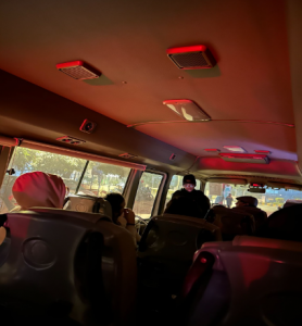 Inside of tour bus at night