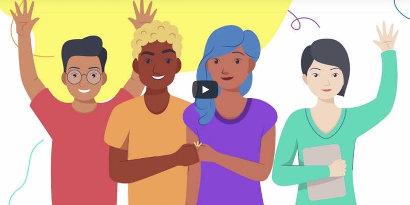animated drawing of four diverse teens with their arms in the air