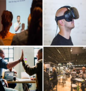 A grid of images where attendees are at a conference, a person has a virtual reality headset on, two professional students are high fiving each other and professional students are at various tables and chairs working on projects